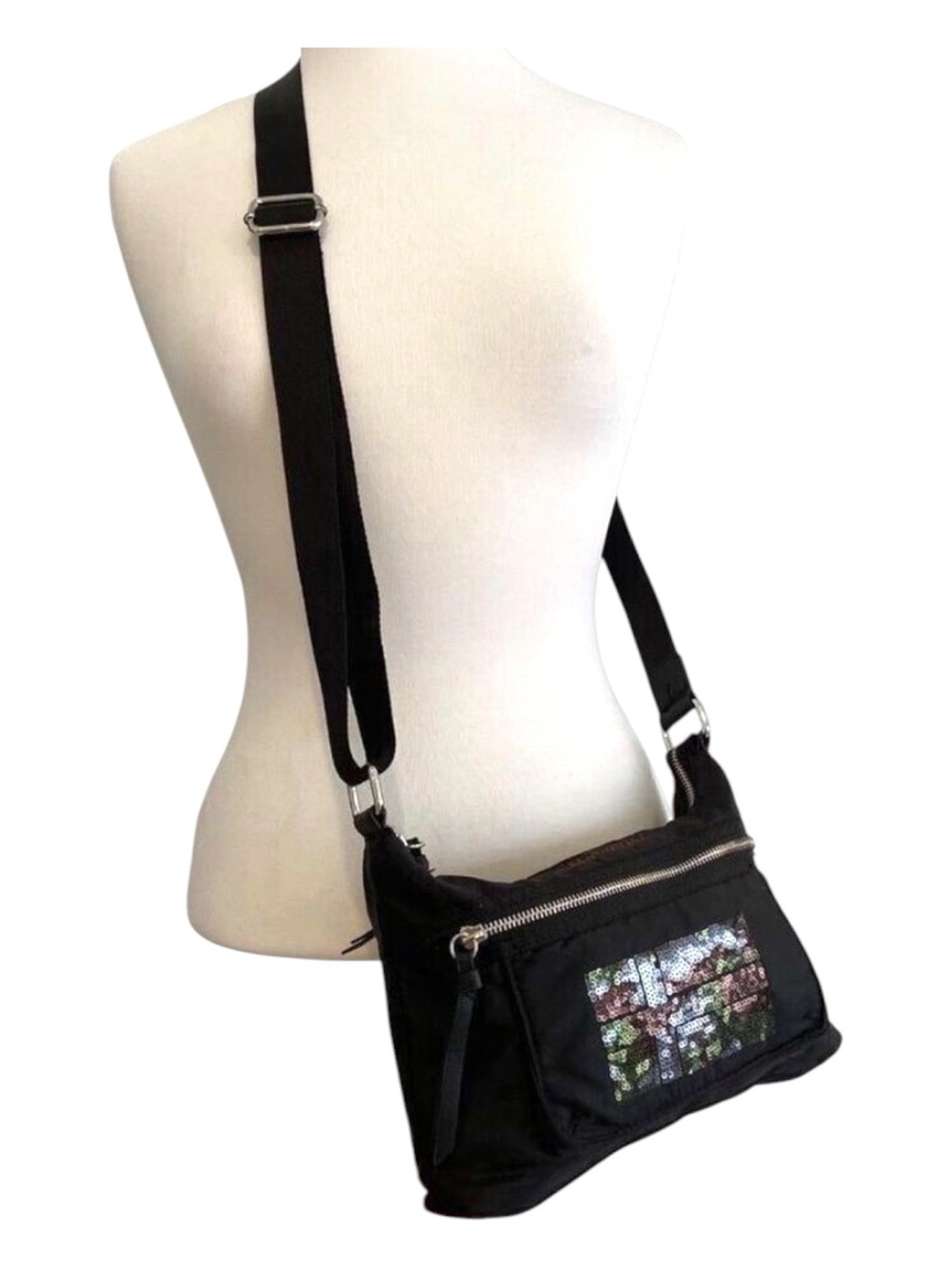 Napapijri Black Crossbody Bag With Sequined Front Pocket & Adjustable Strap